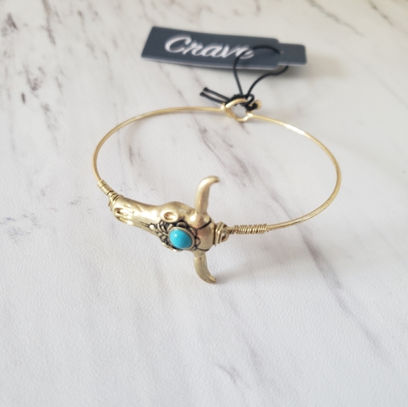 Goldtone and Turquoise Bead Steer Skull Bangle - Picture 2 of 7